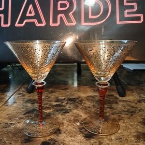 Pier 1 Rioja Red Stem Gold Scrolls Martini Glasses 8” Bar Stemware ~Set of 2

T